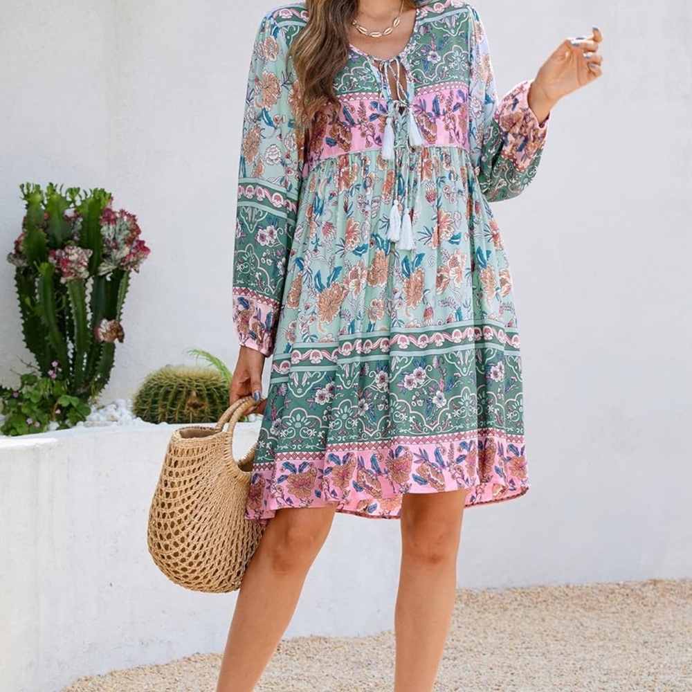 Floral Green & Pink Dress Boho Flowy Beach Tassel Lightweight Women's Small 4/6 - Picture 5 of 16